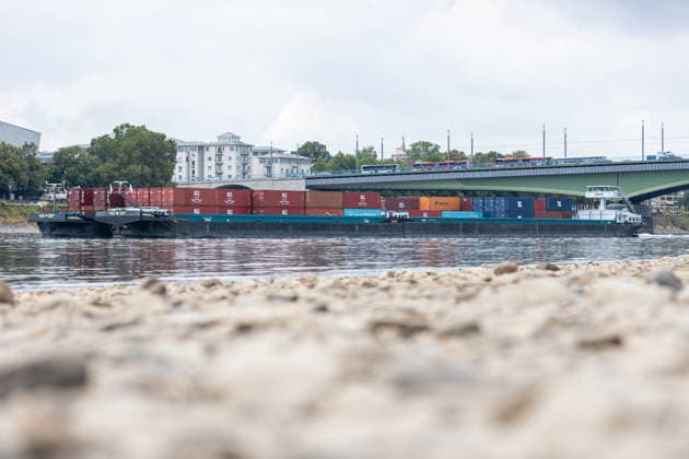 Binnenschiff fährt bei Niedrigwasser auf dem Rhein in Bonn Bonn, 17. August 2026: Ein mit Containern beladenes Binnenschiff fährt bei deutlich niedrigem Wasserstand auf dem Rhein in Bonn. Der Rhein führt derzeit aufgrund anhaltender Trockenheit und geringer Niederschläge außergewöhnlich wenig Wasser. Am Pegel Bonn wurde am 17. August ein Wasserstand von rund 62 bis 64 Zentimetern gemessen. Der für Bonn angegebene Gleichwertige Wasserstand (GlW) liegt bei 142 Zentimetern. Das Niedrigwasser erschwert die Binnenschifffahrt und kann dazu führen, dass Schiffe ihre Ladung reduzieren müssen. Bonn Beuel Nordrhein-Westfalen Deutschland *** Inland waterway vessel navigates the Rhine in Bonn during low water levels Bonn, August 17, 2026 A bar