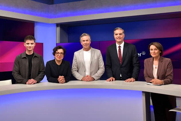 Fabian Grischkat, Mariam Lau, Dirk Steffens, Frederik Pleitgen und Sandra Maischberger in der ARD-Talkshow maischberger im Studio Berlin Adlershof. Berlin, 17.08.2026 *** Fabian Grischkat, Mariam Lau, Dirk Steffens, Frederik Pleitgen, and Sandra Maischberger on the ARD talk show *maischberger* at the studio in Berlin-Adlershof, Berlin, August 17, 2026 Foto:xM.xBehrensx xFuturexImagex maischberger1708_6801