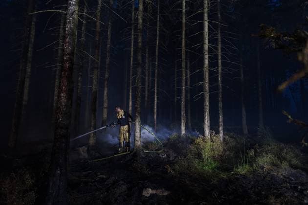 Firefighters pictured in action, as a fire rages in the Hautes Fagnes (High Fens) nature reserve, on Tuesday 18 August 2026. The fire started on August 14th and 2700 hectares (on a total of 4500) are impacted.  NICOLASxLAMBERT 183633698