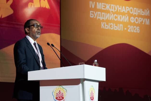 Russia International Buddhist Forum 9223437 18.08.2026 Hiniduma Sunil Senevi, Minister of Buddhasasana, Religious and Cultural Affairs of Sri Lanka, speaks during an opening ceremony of the 4th International Buddhist Forum Buddhism in Dialogue with Cultures: The Future of Humanity in Kyzyl, the Republic of Tuva, Russia. Alexei Danichev Sputnik Kyzyl Republic of Tuva Russia  Copyright: xAlexeixDanichevx