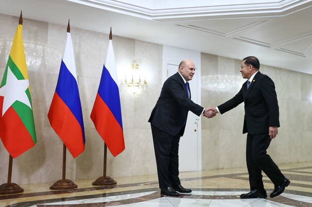 RUSSIA, MOSCOW - AUGUST 18, 2026: A meeting takes place between Mikhail Mishustin (L), Prime Minister of Russia, and Min Aung Hlaing, President of Myanmar. Mikhail Tereshchenko TASS  96322538