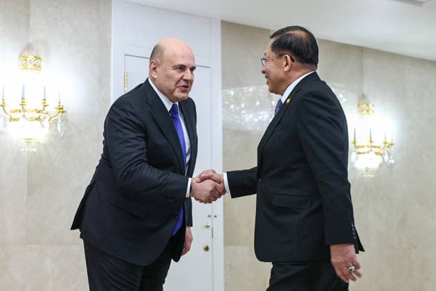 RUSSIA, MOSCOW - AUGUST 18, 2026: A meeting takes place between Mikhail Mishustin (L), Prime Minister of Russia, and Min Aung Hlaing, President of Myanmar. Mikhail Tereshchenko TASS  96322556