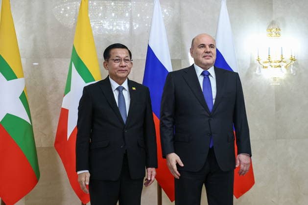 RUSSIA, MOSCOW - AUGUST 18, 2026: A meeting takes place between Min Aung Hlaing (L), President of Myanmar, and Mikhail Mishustin, Prime Minister of Russia. Mikhail Tereshchenko TASS  96322558