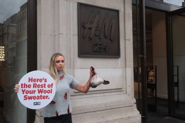 . 18 08 2026. London, United Kingdom. Peta Protest HM. Outside H&M s Regent Street store on Tuesday, a PETA supporter wearing bloodied faux-wool clothing displays a realistic severed sheep head holding a sign reading Here s the Rest of Your Wool Sweater! Wear Vegan! as the animal protection group calls on H&M to end its sale of wool.  xMartynxWheatleyx xi-Imagesx IIM-26951-0004