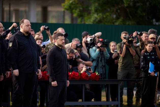 Ukraine holds funeral ceremony for nationalist leader Yevhen Konovalets in Kyiv KYIV, UKRAINE - AUGUST 18: (----EDITORIAL USE ONLY - MANDATORY CREDIT - UKRAINIAN PRESIDENCY HANDOUT - NO MARKETING NO ADVERTISING CAMPAIGNS - DISTRIBUTED AS A SERVICE TO CLIENTS----) Ukrainian President Volodymyr Zelenskyy attends the funeral and reburial ceremony of Yevhen Konovalets, a Ukrainian nationalist leader and founder of the Organization of Ukrainian Nationalists, in Kyiv, Ukraine, on August 18, 2026. Ukrainian Presidency Handout Anadolu Kyiv Ukraine. Editorial use only. Please get in touch for any other usage.  Copyright: x2026xAnadoluxUkrainianxPresidency Handoutx