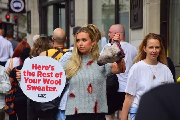 August 18, 2026, London, England, United Kingdom: People walk past a PETA activist wearing a faux wool top covered in fake blood and holding an artificial severed sheep s head and a placard reading Here s the Rest of Your Wool Sweater outside the H&M store on Regent Street. The action is part of the animal rights group s ongoing campaign calling on H&M to stop selling wool products. London United Kingdom - ZUMAv130 20260818_zip_v130_036 Copyright: xVukxValcicx