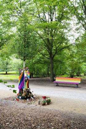 Berlin, August 18, 2026: A maple tree and a rainbow-colored bench serve as a memorial to the Islamic terrorist attack during the CSD on July 25, 2026, in the Tiergarten