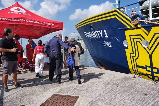 Humanity 1 docks in Ravenna with 73 migrants rescued in Mediterranean MARINA DI RAVENNA, ITALY AUGUST 18, 2026: The Humanity 1, a search-and-rescue vessel operated by German NGO SOS Humanity, docks at the port of Marina di Ravenna, Italy, on August 18, 2026, carrying 73 migrants rescued in the Mediterranean Sea during two operations on August 8 and 13. The group, mainly from Sudan and also including people from Somalia and South Sudan, included 17 minors. Marina di Ravenna Italy Copyright: x xLorenzoxPasinix xJNAxPressx