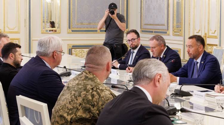 Ukraine president Volodymyr Zelensky, and and Vice-prime minister and Minister of Foreign Affairs Maxime Prevot pictured during a meeting with Ukrainian President during a visit to Kyiv, Tuesday 18 August 2026, part of a visit of the Belgian Foreign Minister to Ukraine.  BENOITxDOPPAGNE 183677741