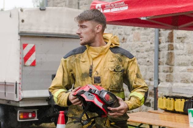 Picture shows a firefighter at the command center in Sourbrodt concerning the fire in the Hautes Fagnes (High Fens) nature reserve, on Tuesday 18 August 2026. The fire started on August 14th and 3000 hectares (on a total of 4500) are impacted.  NICOLASxLAMBERT 183665572