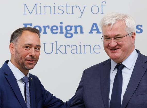 Vice-prime minister and Minister of Foreign Affairs Maxime Prevot and Ukraine s Foreign Minister Andriy Sybiha pictured during a visit to Kyiv, Tuesday 18 August 2026, part of a visit of the Belgian Foreign Minister to Ukraine, from 17 to 20 08.  BENOITxDOPPAGNE 183681246