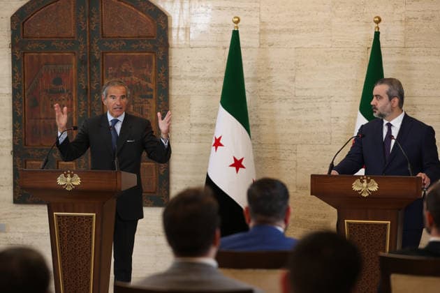 Asaad Hassan al-Shaibani - Mariano Grossi joint press conference in Damascus DAMASCUS, SYRIA - AUGUST 18: Syrian Foreign Minister Asaad Hassan al-Shaibani and International Atomic Energy Agency (IAEA) Director General Rafael Mariano Grossi hold a joint press conference in Damascus, Syria on August 18, 2026. Izz Aldien Alqasem Anadolu Damascus Syria. Editorial use only. Please get in touch for any other usage.  Copyright: x2026xAnadoluxIzzxAldienxAlqasemx