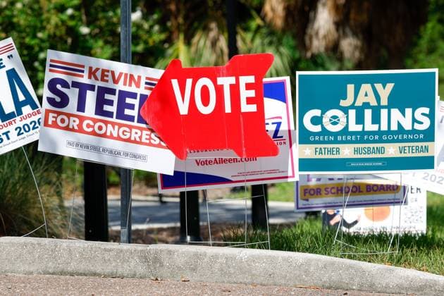 August 18, 2026, Tampa, Florida, USA: A plethora of signs are displayed during primary day outside of the Port Tampa Center on Tuesday, Aug. 18, 2026, in Tampa. Tampa USA - ZUMAs70_ 20260818_zan_s70_060 Copyright: xJeffereexWoox