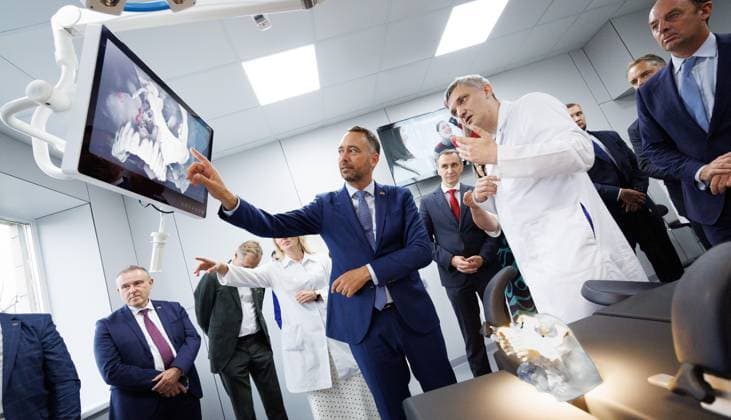 Vice-prime minister and Minister of Foreign Affairs Maxime Prevot pictured at Kyiv Regional State Hospital as he meets patients who receive protheses for face reconstruction during a visit to Kyiv, Tuesday 18 August 2026, part of a visit of the Belgian Foreign Minister to Ukraine, from 17 to 20 08.  BENOITxDOPPAGNE 183708934