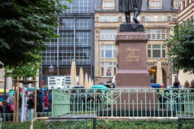 August 18, 2026, Leipzig, Saxony, Germany: LEIPZIG, GERMANY - AUGUST 18, 2026: Demonstrators gathered at the Naschmarkt in LeipzigÃ¢â‚¬â ¢s city centre to protest against an Alternative for Germany (AfD) campaign event being held at the historic Alte HandelsboÂ¶rse. Around 350 people took part in the demonstration against the far-right party, carrying numerous signs and banners expressing their opposition to the AfD and its political agenda. Leipzig Germany  - ZUMAq101 20260818_zna_q101_147 Copyright: xMariaxCastrox