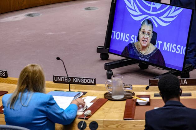 August 18, 2026, New York, New York, United States: HANNA SERWAA TETTEH, Special Representative of the Secretary-General for Libya and Head of the United Nations Support Mission in Libya (UNSMIL), appears on screen as she briefs the UN Security Council on the situation in Libya. Tetteh addressed the UN-facilitated political roadmap towards elections and unified institutions, as well as recent political, economic, security, humanitarian and climate-related developments. New York United States  - ZUMAo116 20260818_znp_o116_005 Copyright: xBiancaxOterox