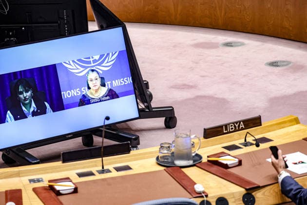 August 18, 2026, New York, New York, United States: HANNA SERWAA TETTEH, Special Representative of the Secretary-General for Libya and Head of the United Nations Support Mission in Libya (UNSMIL), appears on screen as she briefs the UN Security Council on the situation in Libya. Tetteh addressed the UN-facilitated political roadmap towards elections and unified institutions, as well as recent political, economic, security, humanitarian and climate-related developments. New York United States - ZUMAo116 20260818_znp_o116_001 Copyright: xBiancaxOterox