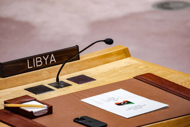 August 18, 2026, New York, New York, United States: The Libya nameplate ahead of a UN Security Council meeting on the situation in Libya, at UNHQ. New York United States - ZUMAo116 20260818_znp_o116_023 Copyright: xBiancaxOterox
