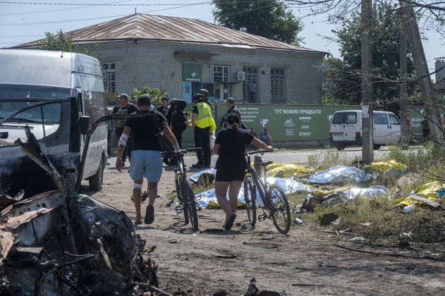 Aftermath of Russian attack in Kharkiv KHARKIV, UKRAINE - AUGUST 18: A view of destruction after the Russians fired two Banderole missiles at a cafe and a store in the center of the village of Pechenigi in the Kharkiv region in Russia, on August 18, 2026. Ten civilians were killed, and at least 18 were injured. Seven cars were burned, 15 were damaged, and 10 private homes, a post office, and five stores were damaged. Serhii Masin Anadolu Kharkiv Ukraine. Editorial use only. Please get in touch for any other usage.  Copyright: x2026xAnadoluxSerhiixMasinx