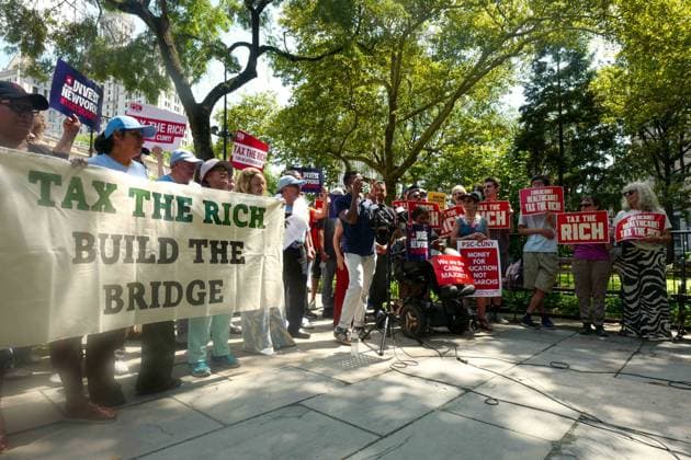 Tax the Rich Protest New York, NY- August 18: Tax the Rich Rally for the Pied-Ã -Terre Tax at City Hall in Manhattan, New York prior to the City Council hearing about the Pied-Ã -Terre tax on August 18, 2026 Credit: Camara Porter AdMedia EDITORIAL USE ONLY  Copyright: xx CamaraxPorterx xAdMediax admphotosthree011984