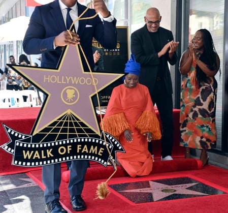 Five-time Grammy-winning Beninese musician, actress, and activist Angelique Kidjo reacts during an unveiling ceremony honoring her with the 2,854th star on the Hollywood Walk of Fame in Los Angeles on Tuesday, August 18, 2026.  LAP2026081808 JIMxRUYMEN