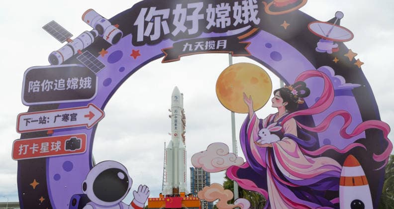 (260819) -- WENCHANG, Aug. 19, 2026 -- This photo taken on Aug. 19, 2026 shows the combination of the Chang e-7 lunar probe and the Long March-5 Y14 carrier rocket being transferred vertically to the launching area at the Wenchang Spacecraft Launch Site in south China s Hainan Province. The Chang e-7 lunar probe is scheduled for launch at an appropriate time, according to the China Manned Space Agency (CMSA). The combination of the Chang e-7 lunar probe and the Long March-5 Y14 carrier rocket was transferred vertically on Wednesday to the launching area at the Wenchang Spacecraft Launch Site in south China s Hainan Province, the CMSA said. The lunar probe and rocket had arrived at the launch site in April and July, respectively, and 