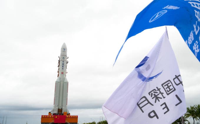 (260819) -- WENCHANG, Aug. 19, 2026 -- This photo taken on Aug. 19, 2026 shows the combination of the Chang e-7 lunar probe and the Long March-5 Y14 carrier rocket being transferred vertically to the launching area at the Wenchang Spacecraft Launch Site in south China s Hainan Province. The Chang e-7 lunar probe is scheduled for launch at an appropriate time, according to the China Manned Space Agency (CMSA). The combination of the Chang e-7 lunar probe and the Long March-5 Y14 carrier rocket was transferred vertically on Wednesday to the launching area at the Wenchang Spacecraft Launch Site in south China s Hainan Province, the CMSA said. The lunar probe and rocket had arrived at the launch site in April and July, respectively, and 