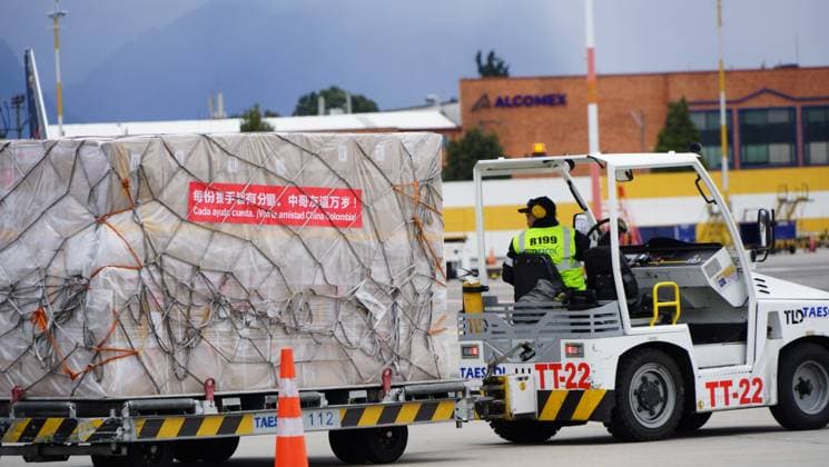 (260819) -- BOGOTA, Aug. 19, 2026 -- A staff member transfers humanitarian earthquake relief supplies provided by the Chinese government at an airport in Bogota, Colombia, Aug. 18, 2026. Humanitarian earthquake relief supplies provided by the Chinese government arrived in Bogota on Tuesday to support Colombia s disaster response and post-disaster reconstruction efforts. ) COLOMBIA-BOGOTA-CHINA-EARTHQUAKE RELIEF ASSISTANCE-ARRIVAL LixZijian 