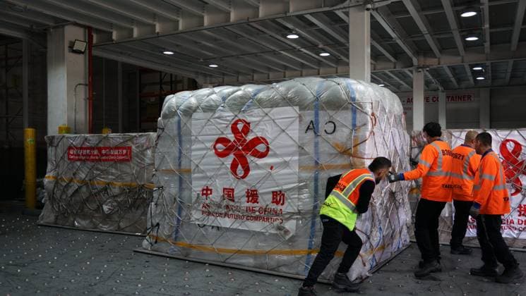 (260819) -- BOGOTA, Aug. 19, 2026 -- Staff members transfer humanitarian earthquake relief supplies provided by the Chinese government at an airport in Bogota, Colombia, Aug. 18, 2026. Humanitarian earthquake relief supplies provided by the Chinese government arrived in Bogota on Tuesday to support Colombia s disaster response and post-disaster reconstruction efforts. ) COLOMBIA-BOGOTA-CHINA-EARTHQUAKE RELIEF ASSISTANCE-ARRIVAL LixZijian 
