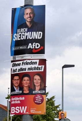 Wahlplakate 18.08.2026, Aschersleben, Wahlplakate zur Landtagswahl am 06.09.2026 in Sachsen-Anhalt im Bild: Wahlplakate uebereinander an einem Laternenmast, hier von AfD - Ulrich Siegmund und BSW - Ohne Frieden ist alles nichts. Gefaehrlich ehrlich. - Thomas Schulze, Sahra Wagenknecht und Claudia Wittig *** Election posters, August 18, 2026, Aschersleben, election posters for the state election on September 6, 2026, in Saxony-Anhalt: Election posters overlapping on a lamppost, shown here from the AfD (Ulrich Siegmund) and the BSW ( Without Peace, Everything Is Nothing; Dangerously Honest by Thomas Schulze), Sahra Wagenknecht, and Claudia Wittig