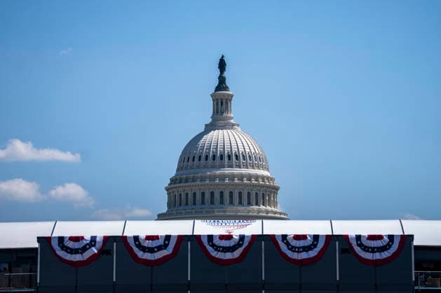 The Grand Stands for the Freedom 250 Grand Prix are seen with the U.S. Capitol Dome as preparations continue in Washington, DC on Wednesday, August 19, 2026. The Freedom 250 Grand Prix, taking place August 22-23, is the first auto race on the National Mall and features seven turns within a with a 1.66 mile course around Washington s landmarks.  WAP20260819320 BONNIExCASH