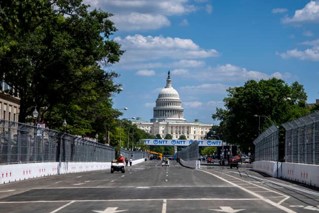 The U.S. Capitol Dome is seen as preparations continue for the Freedom 250 Grand Prix along Pennsylvania Avenue in Washington, DC on Wednesday, August 19, 2026. The Freedom 250 Grand Prix, taking place August 22-23, is the first auto race on the National Mall and features seven turns within a with a 1.66 mile course around Washington s landmarks.  WAP20260819335 BONNIExCASH