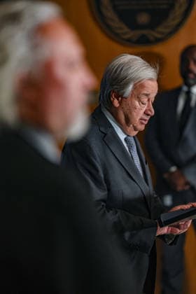 August 19, 2026, New York, New York, United States: Secretary-General ANTONIO GUTERRES speaks at the podium at UNHQ during an observance of World Humanitarian Day and the anniversary of the 19 August 2003 bombing of the UN headquarters at the Canal Hotel in Baghdad, Iraq. In his remarks, Guterres paid tribute to humanitarian workers killed in the line of duty and called for greater protection of humanitarian personnel and accountability for attacks against them. New York United States - ZUMAo116 20260819_znp_o116_012 Copyright: xBiancaxOterox