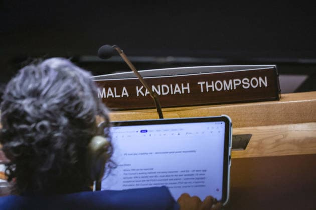 August 19, 2026, New York, New York, United States: SHAMALA KANDIAH THOMPSON, Executive Director of Security Council Report, looks at an smart tablet with her name written on a name plate in front of her in the United Nations Security Council during an open debate on the working methods of the Council at UNHQ. The discussion included incoming Council members outlining their priorities and intentions ahead of taking their seats in the coming year, while other representatives addressed concerns over the CouncilÃ¢â‚¬â ¢s working methods and the need for reform. The meeting comes ahead of the 81st session of the UN General Assembly and during the process to select and appoint the next UN Secretary-General, placing additional focus on the relati - ZUMAo116 20260819_znp_o116_056 Copyright: xBiancaxOterox