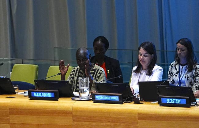 Informal Dialogue with a candidate for the position of the next Secretary-General, Olara Otunnu NEW YORK, UNITED NATIONS - AUGUST 19: A new candidate for the position of the next UN Secretary-General, Olara Otunnu of Uganda, attends and speaks at an Informal Dialogue with U.N. member states and civil society groups at the Trusteeship Council Chamber, UN Headquarters, New York City, U.S., on Wednesday, August 19, 2026. Selcuk Acar Anadolu New York United States. Editorial use only. Please get in touch for any other usage.  Copyright: x2026xAnadoluxSelcukxAcarx