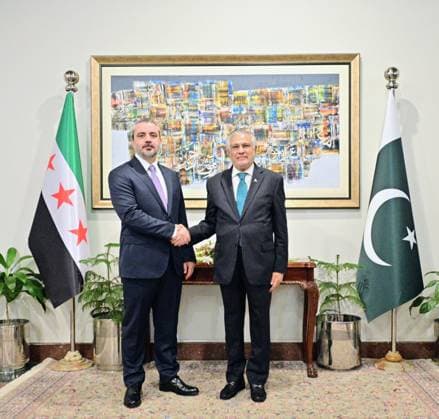 Pakistan Foreign Minister Mohammad Ishaq Dar meets Syrian counterpart in Islamabad ISLAMABAD, PAKISTAN - AUGUST 20: (----EDITORIAL USE ONLY - MANDATORY CREDIT - FOREIGN MINISTRY OF PAKISTAN HANDOUT - NO MARKETING NO ADVERTISING CAMPAIGNS - DISTRIBUTED AS A SERVICE TO CLIENTS----) Pakistan s Deputy Prime Minister and Foreign Minister Mohammad Ishaq Dar welcomes Syrian Foreign Minister Asaad Hassan Al-Shaibani at the Ministry of Foreign Affairs in Islamabad, Pakistan, on August 20, 2026. Marking the first Foreign Minister-level visit between Pakistan and Syria in nearly two decades, the two top diplomats are set to hold one-on-one talks followed by delegation-level meetings to discuss the full spectrum of bilateral relations and explore  Copyright: x2026xAnadoluxForeignxMinistryxofxPakistanx