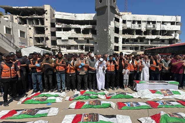 PALESTINIAN TERRITORIES, GAZA CITY - AUGUST 20, 2026: A farewell ceremony takes place for 50 members of three local families lost to the first months of Israeli airstrikes in 2023, their bodies just retrieved from the rubble. Khasan Alzaanin TASS  96376228