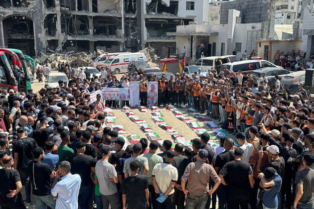 PALESTINIAN TERRITORIES, GAZA CITY - AUGUST 20, 2026: A farewell ceremony takes place for 50 members of three local families lost to the first months of Israeli airstrikes in 2023, their bodies just retrieved from the rubble. Khasan Alzaanin TASS  96376264