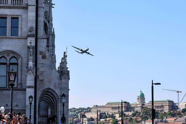 (260820) -- BUDAPEST, Aug. 20, 2026 -- A Hungarian Air Force military aircraft participates in a military air parade over the Danube in Budapest, Hungary, on Aug. 20, 2026. Hungary marks its national day on Thursday with traditional ceremonies, music concerts, and a redesigned evening spectacle in Budapest. (Photo by Xinhua) HUNGARY-BUDAPEST-NATIONAL DAY-CELEBRATION DavidxBalogh 