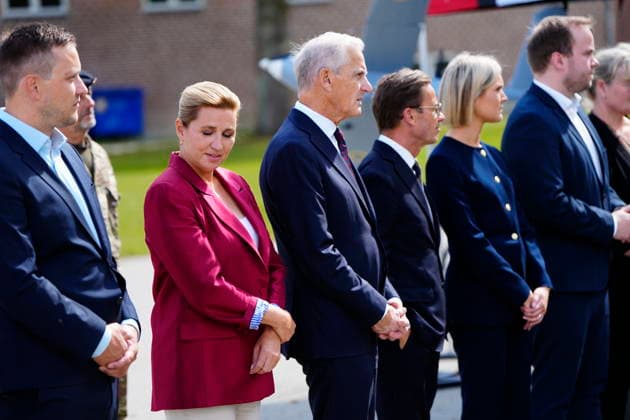 Denmark Nordic Summer Meeting From left, Chairman of the Government of Greenland Jens-Frederik Nielsen, Denmarks Prime Minister Mette Frederiksen, Norways Prime Minister Jonas Gahr Stoere, Swedens Prime Minister Ulf Kristersson, Icelands Prime Minister Kristrún Frostadóttir and the Premier of the Faroe Islands Beinir Johannesen as The Prime Minister of Denmark and the Premier of the Faroe Islands are hosting the Nordic heads of government at Hoevelte Barracks and Marienborg on Thursday, August 20, 2026. The summer meeting begins with a visit to Hoevelte Barracks, where the leaders are shown modern military capabilities. The meeting then continues at Marienborg, where they will discuss, among other things, closer Nordic defense cooperation,  Copyright: MadsxClausxRasmussenx spdk20260820-143550-L
