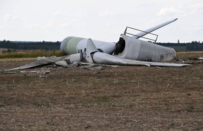 A 30-metre-tall wind turbine collapsed near Potstat in northern Moravia, Czech Republic, on August 20, 2026, and nobody was injured due to it. The Potstat wind turbine was one of the oldest wind power plants in Czechia, it was more than 25 years old. As far as it is known, this is the first time a wind turbine has fallen in the country. (CTKxPhoto LudekxPerina) CTKPhotoP2026082005180  CTKPhotoP2026082005180
