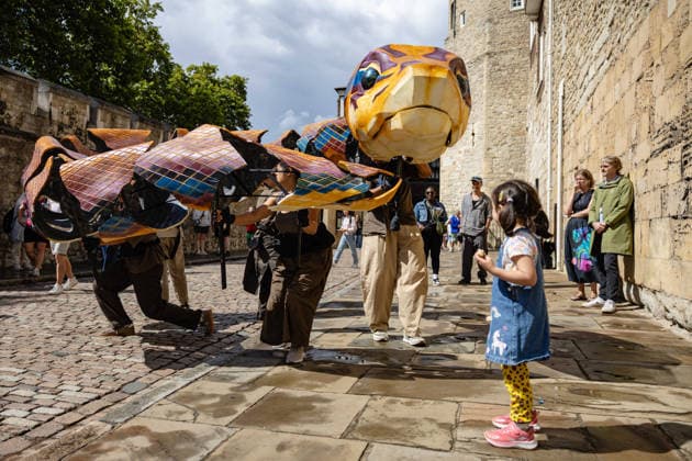 Imagining Animals at the Tower of London, London, UK 20 August 2026 Performers in animal costumes interact with visitors during Imagining Animals at the Tower of London, London, UK, on 20 August 2026. The performance, commissioned and produced by Historic Royal Palaces and created by artistic directors Mervyn Millar and Suzy Willson, uses puppetry, music and movement to reimagine the Tower s history as home to a Royal Menagerie for over 600 years, running until 31 August 2026., Credit:PETE SPELLER Avalon  Copyright: xPETExSPELLERx xAvalonx 1126341148