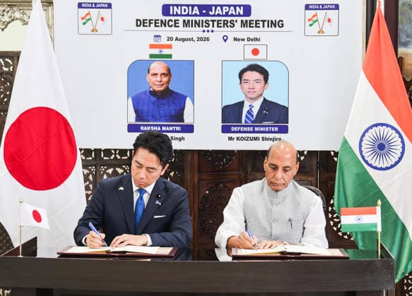 India-Japan Defence Ministers Meeting New Delhi, Aug 20 (ANI): Union Defence Minister Rajnath Singh and Japan Defence Minister Shinjiro Koizumi sign India-Japan MoUs during a bilateral meeting at Manekshaw Centre, in New Delhi on Thursday. (PIB Photo Gallery ANI Photo) NEW DELHI Delhi India Copyright: xANIx ANI_20260820298