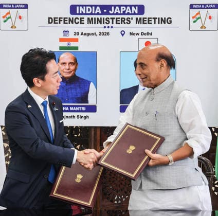 India-Japan Defence Ministers Meeting New Delhi, Aug 20 (ANI): Union Defence Minister Rajnath Singh and Japan Defence Minister Shinjiro Koizumi exchange an MoU during a bilateral meeting at Manekshaw Centre, in New Delhi on Thursday. (PIB Photo Gallery ANI Photo) NEW DELHI Delhi India Copyright: xANIx ANI_20260820300