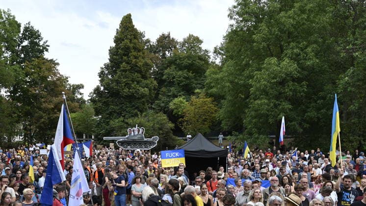 The meeting entitled Go Home, Ivan! on anniversary of 1968 occupation of Czechoslovakia by Warsaw Pact troops and expressing solidarity with people in Ukraine took place on the Boris Nemtsov Square, in Prague, Czech Republic, on August 20, 2026. (CTKxPhoto MichalxKrumphanzl) CTKPhotoP2026082006776  CTKPhotoP2026082006776