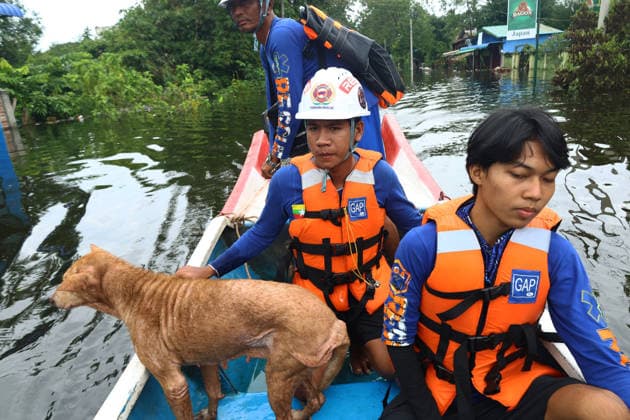 August 20, 2026, Ngathaingchaung, Ayeyarwady Region, Myanmar: Rescue team members save a dog from floodwaters in Ngathaingchaung Township, Ayeyarwady Region, Myanmar..In Laymyethna Township, Ayeyarwady Region, the Ngawun River embankment collapsed on July 31, leaving nearby towns including Hinthada, Yegyi, Ngathaingchaung, Kyonpyaw and Kyaunggon still inundated for three weeks, affecting tens of thousands of people, officials said. Ngathaingchaung Myanmar - ZUMAn324 20260820_zip_n324_004 Copyright: xAyexMyaxNaingx