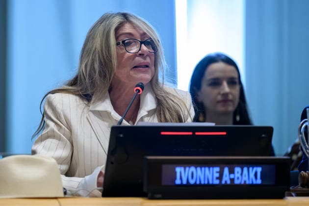 (260820) -- UNITED NATIONS, Aug. 20, 2026 -- Ecuadoran diplomat Ivonne A-Baki, a candidate for the next UN secretary-general, speaks at an interactive dialogue with UN member states at the UN headquarters in New York, Aug. 20, 2026. The UN General Assembly (UNGA) on Wednesday and Thursday held respective interactive dialogues with two candidates for the next UN secretary-general. (Loey Felipe Handout via Xinhua) UN-GENERAL ASSEMBLY-SECRETARY GENERAL CANDIDATES-DIALOGUES UNxPhoto 