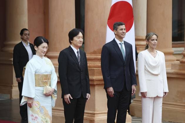 Japan crown prince, crown princess in Paraguay Japan s Crown Prince Fumihito (C, L) and Crown Princess Kiko meet with Paraguay s President Santiago Pena and his wife Leticia Ocampos at Palacio de Lopez in Asuncion on Aug. 20, 2026, during their official trip to the South American country. (Pool photo)  A14AA0005626353P