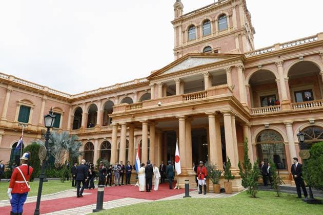 Japan crown prince, crown princess in Paraguay Japan s Crown Prince Fumihito and Crown Princess Kiko visit Palacio de Lopez in Asuncion to meet with Paraguay s President Santiago Pena on Aug. 20, 2026, during an official visit to the South American country.  A14AA0005626356P