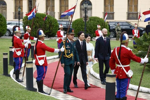Japan crown prince, crown princess in Paraguay Japan s Crown Prince Fumihito and Crown Princess Kiko visit Palacio de Lopez in Asuncion to meet with Paraguay s President Santiago Pena on Aug. 20, 2026, during an official visit to the South American country.  A14AA0005626357P